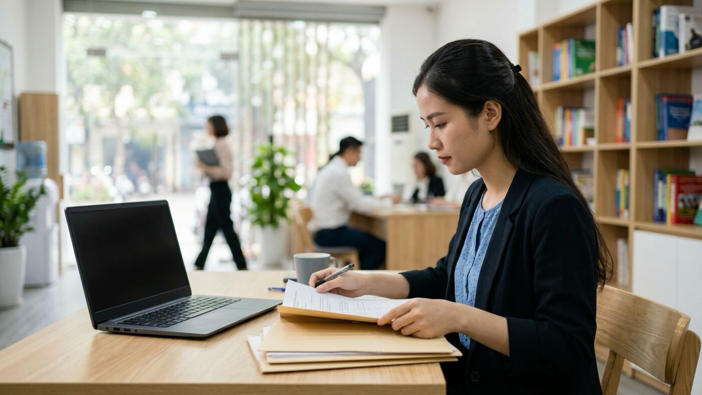 Nhân viên tư vấn hướng dẫn phụ huynh thu học phí online